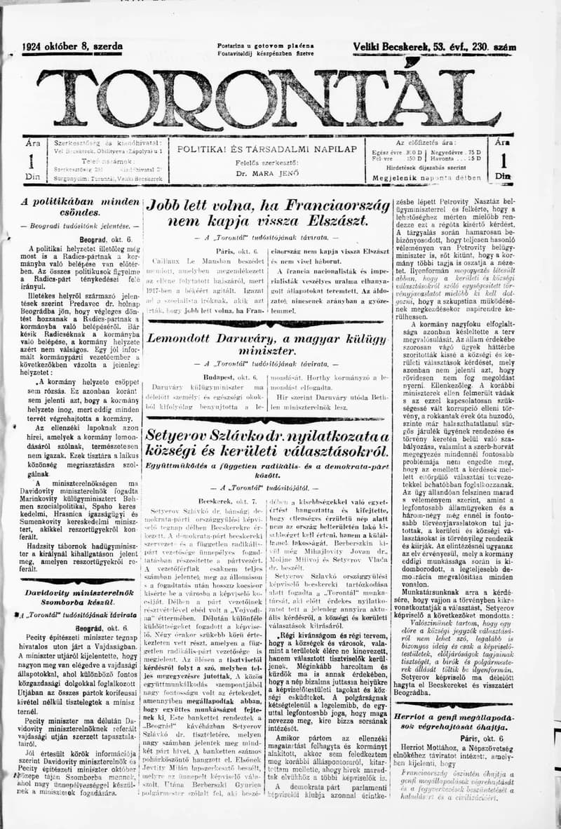 Torontál, 53. évf. 1924. október 8. 230. sz.