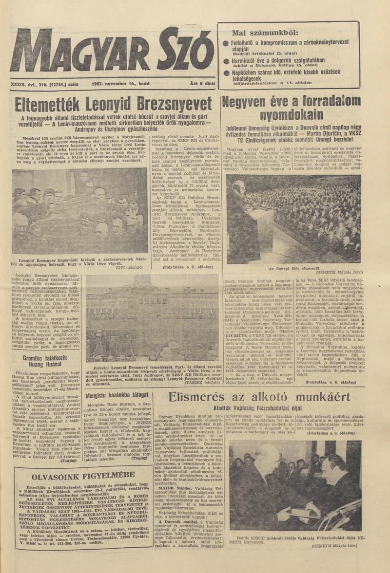 Magyar Szó, 39. évf. 1982. november 16. 316. sz. 1–20. oldal
