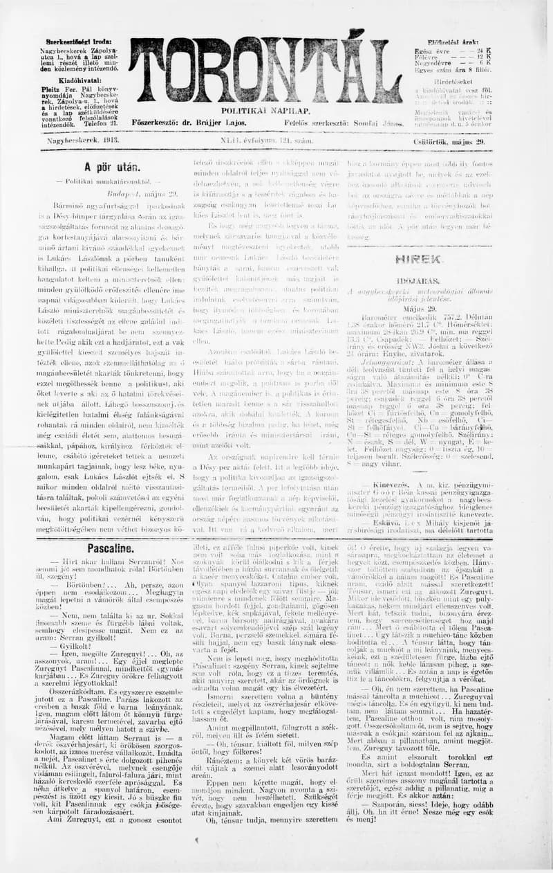 Torontál, 42. évf. 1913. május 29. 121. sz.