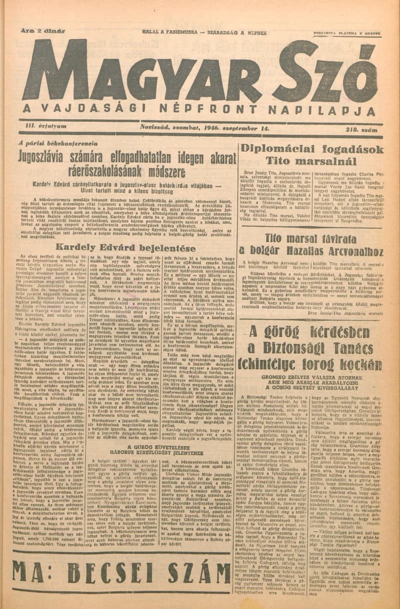 Magyar Szó, 3. évf. 1946. szeptember 14. 218. sz. 1–6. oldal