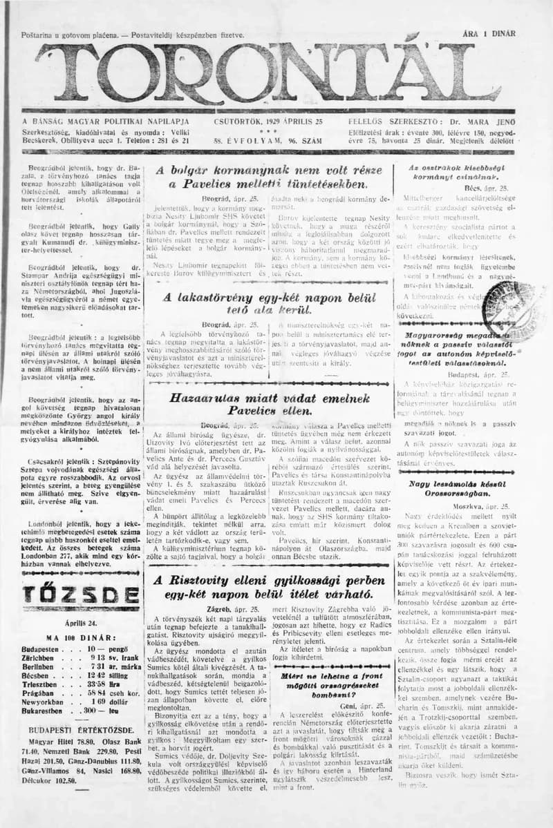 Torontál, 58. évf. 1929. április 25. 96. sz.