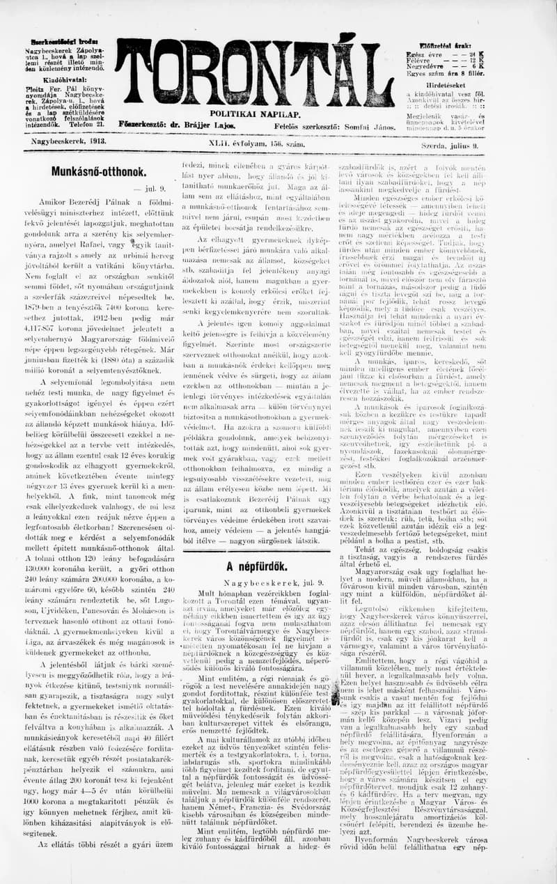 Torontál, 42. évf. 1913. július 9. 156. sz.