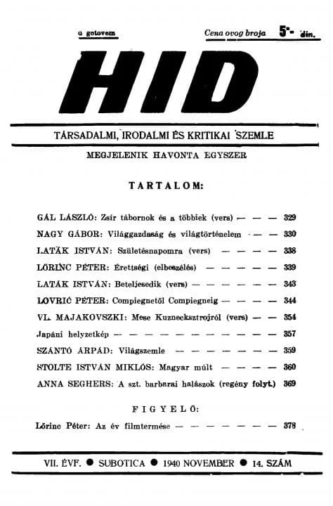 Híd, 7. évf. 1940. november. 14. sz. 329–384. oldal