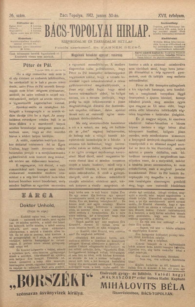 Bács-Topolyai Hirlap, 17. évf. 1912. június 30. 26. sz.