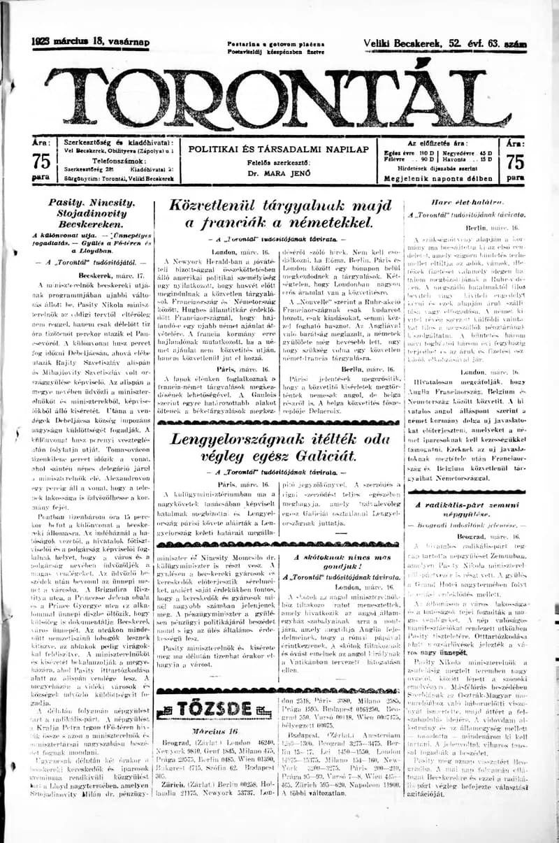 Torontál, 52. évf. 1923. március 18. 63. sz.