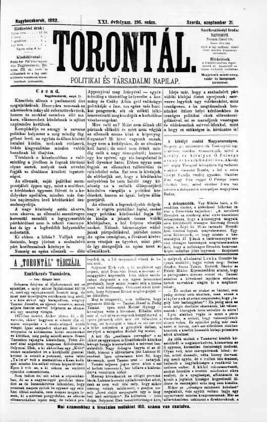 Torontál, 21. évf. 1892. szeptember 21. 196. sz.