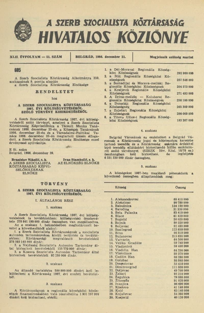 A Szerb Szocialista Köztársaság Hivatalos Közlönye, 42. évf. 1986. december 31. 51. sz.