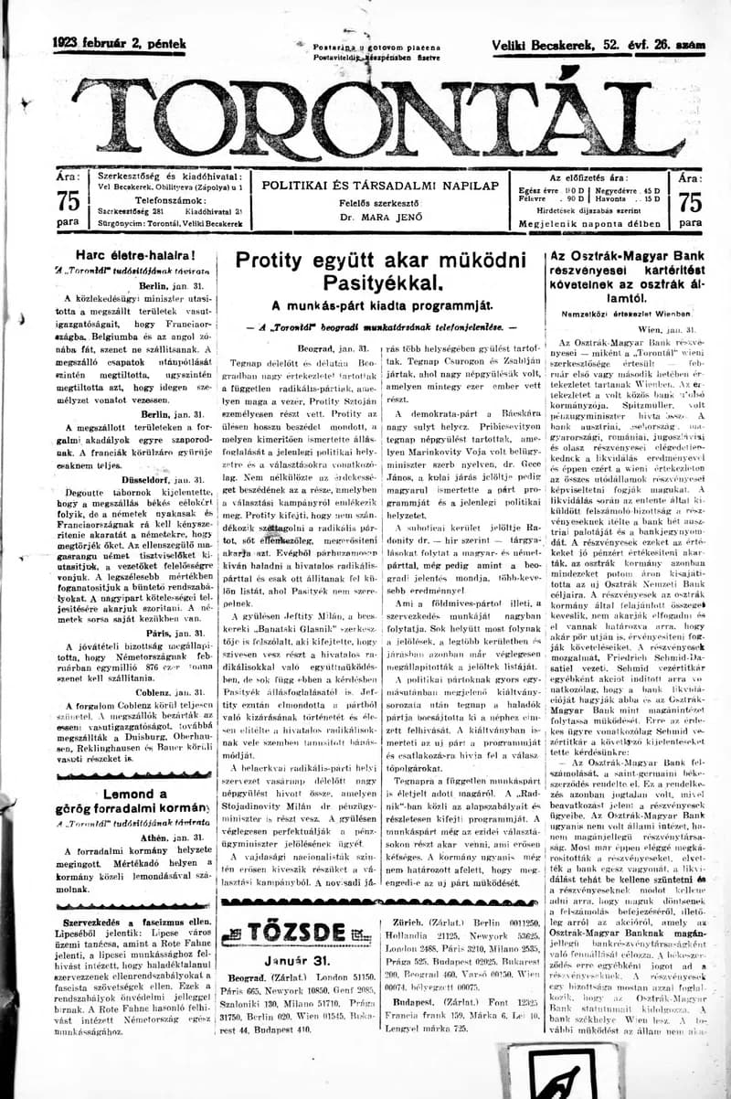 Torontál, 52. évf. 1923. február 2. 26. sz.