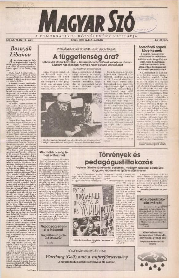 Magyar Szó, 49. évf. 1992. április 9. 98. sz. 1–20. oldal