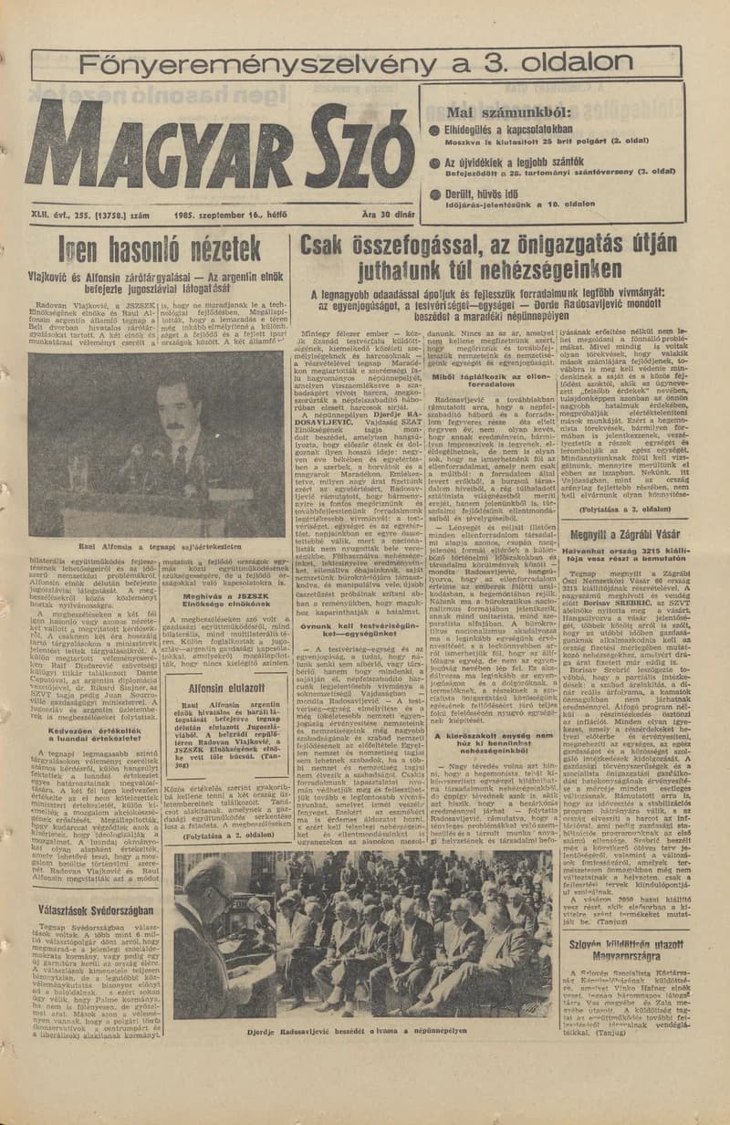 Magyar Szó, 42. évf. 1985. szeptember 16. 255. sz. 1–20. oldal