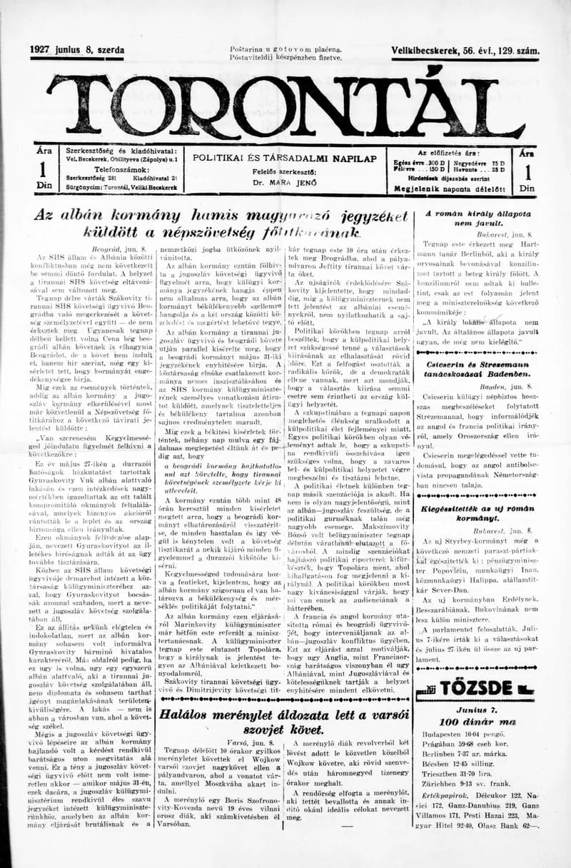 Torontál, 56. évf. 1927. június 8. 129. sz.