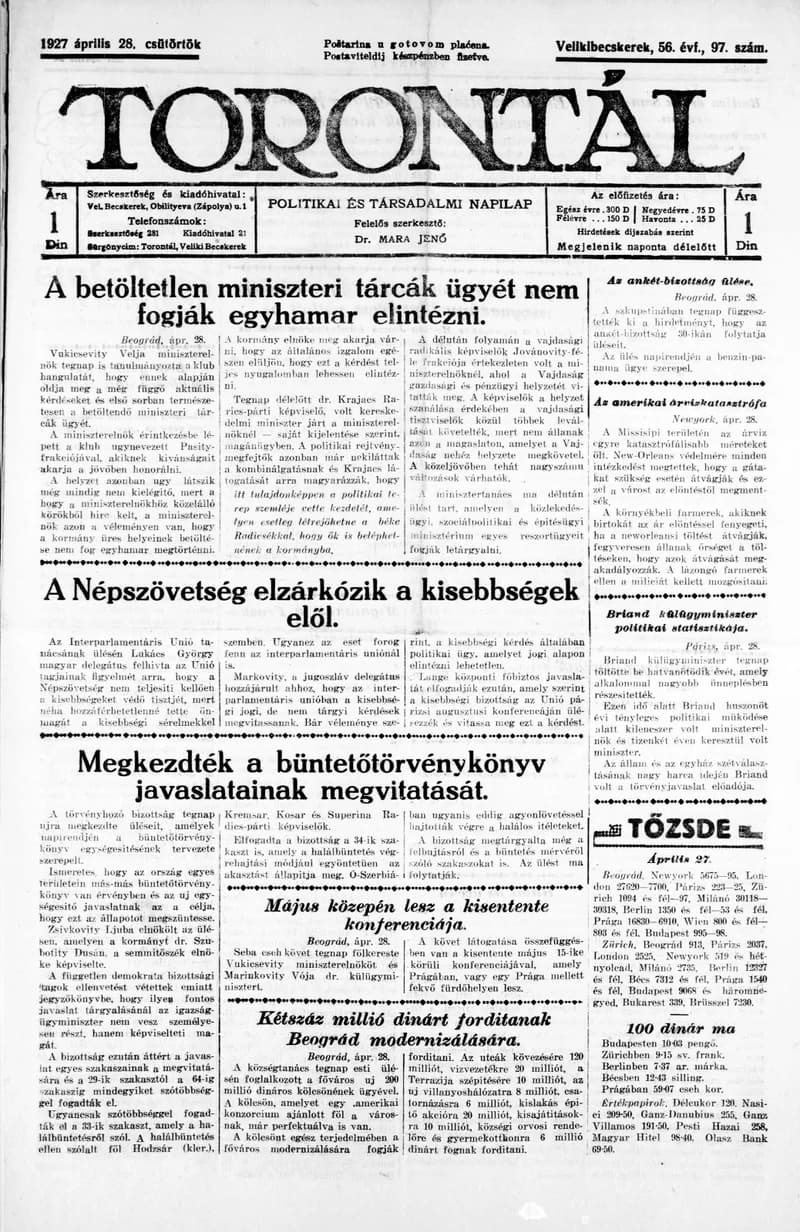 Torontál, 56. évf. 1927. április 28. 97. sz.