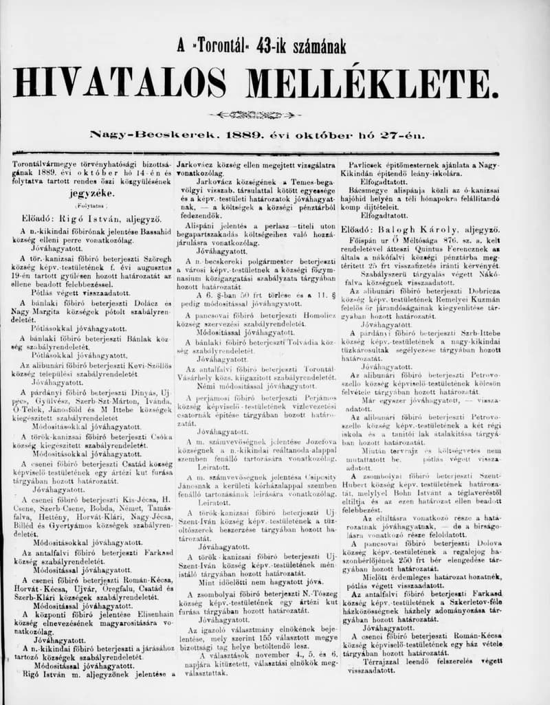 A Totontál  hivatalos melléklete, 2. évf. 1889. október 27. 43. sz.