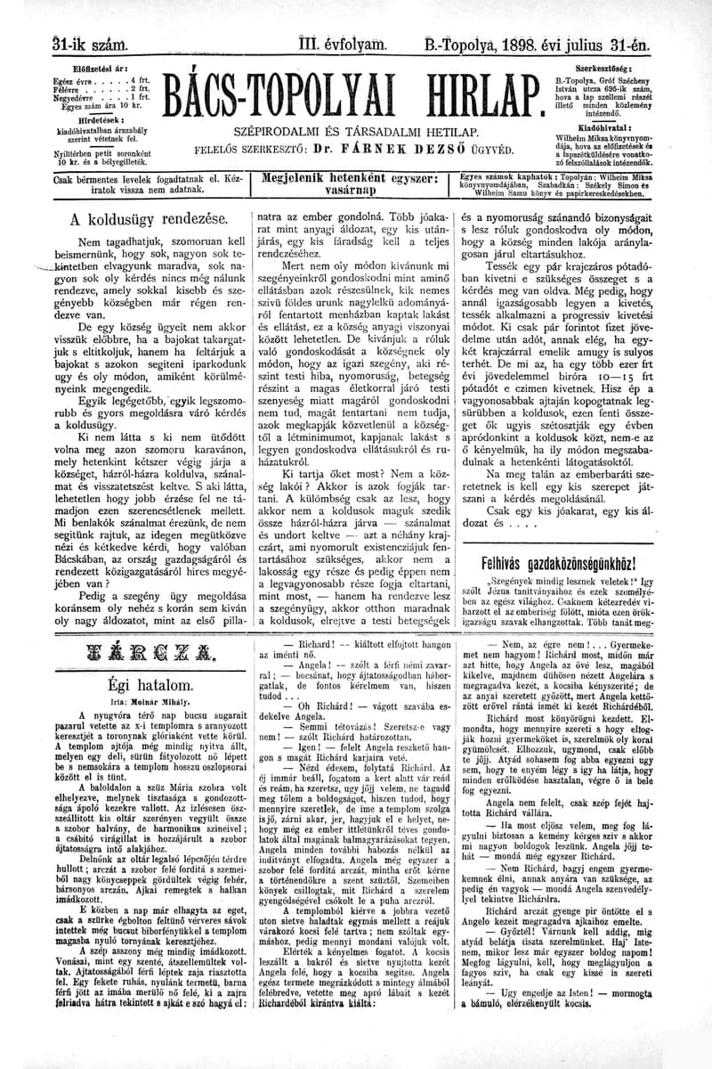 Bács-Topolyai Hirlap, 3. évf. 1898. július 31. 31. sz.
