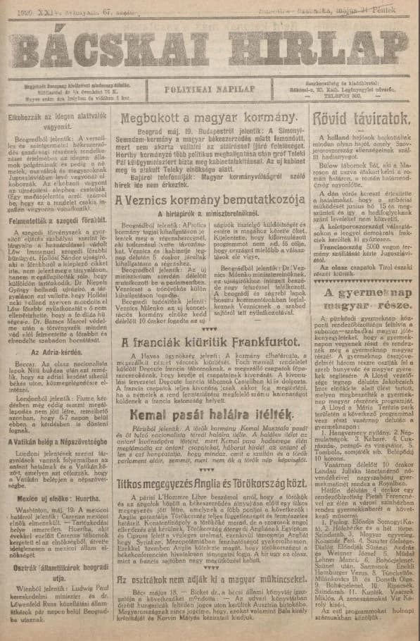 Bácskai Hirlap, 24. évf. 1920. május 20. 67. sz.