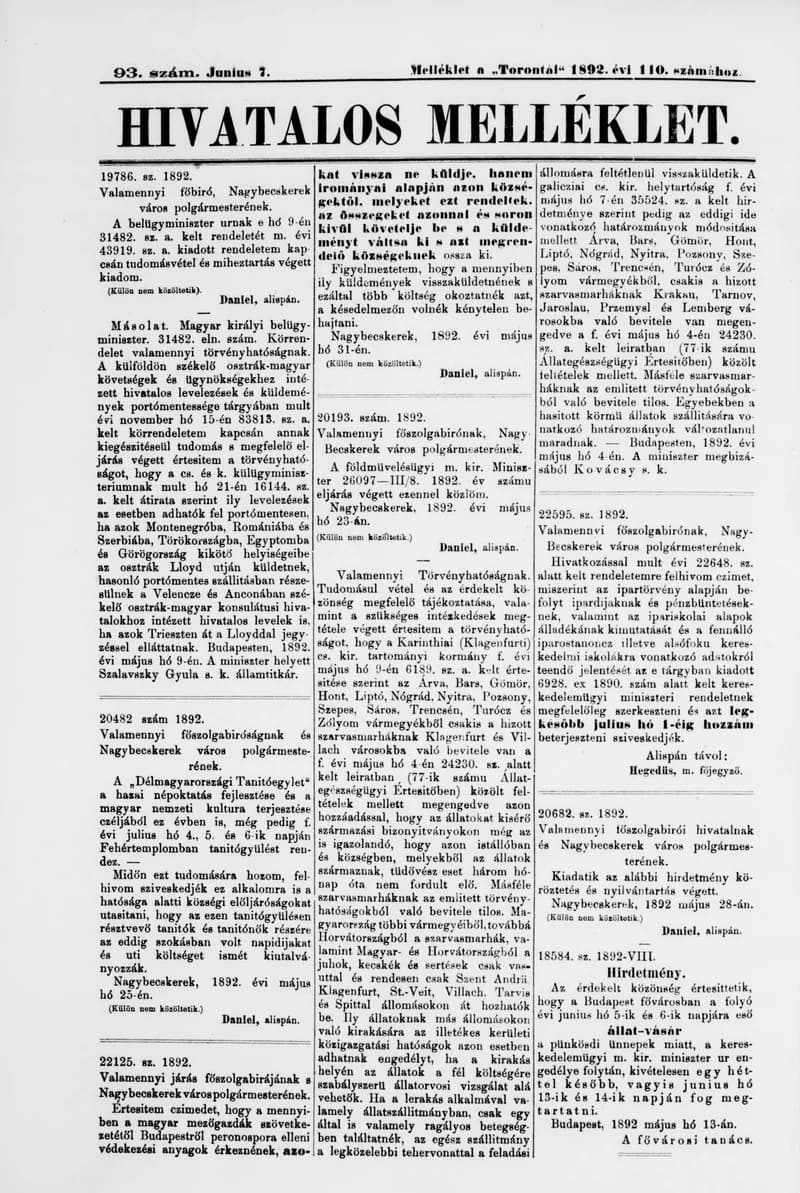 A Totontál  hivatalos melléklete, 5. évf. 1892. június 7. 93. sz.