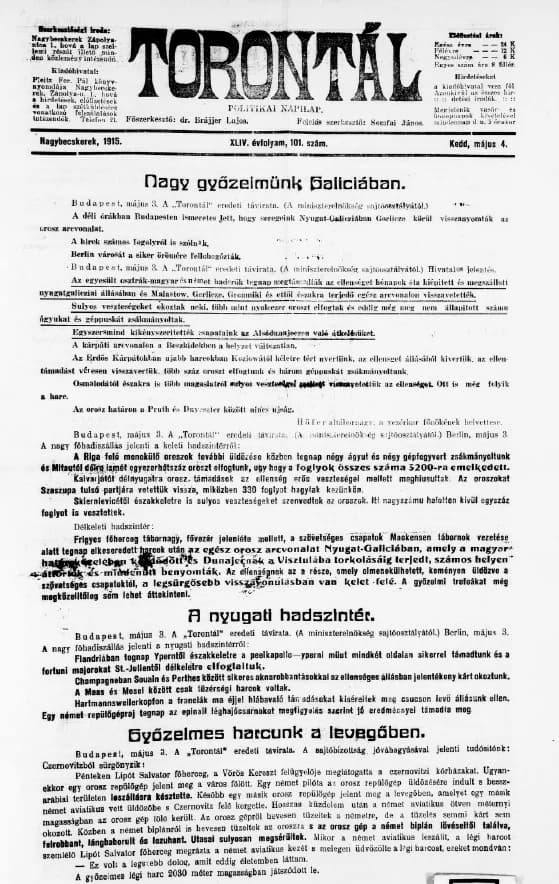 Torontál, 44. évf. 1915. május 4. 101. sz.