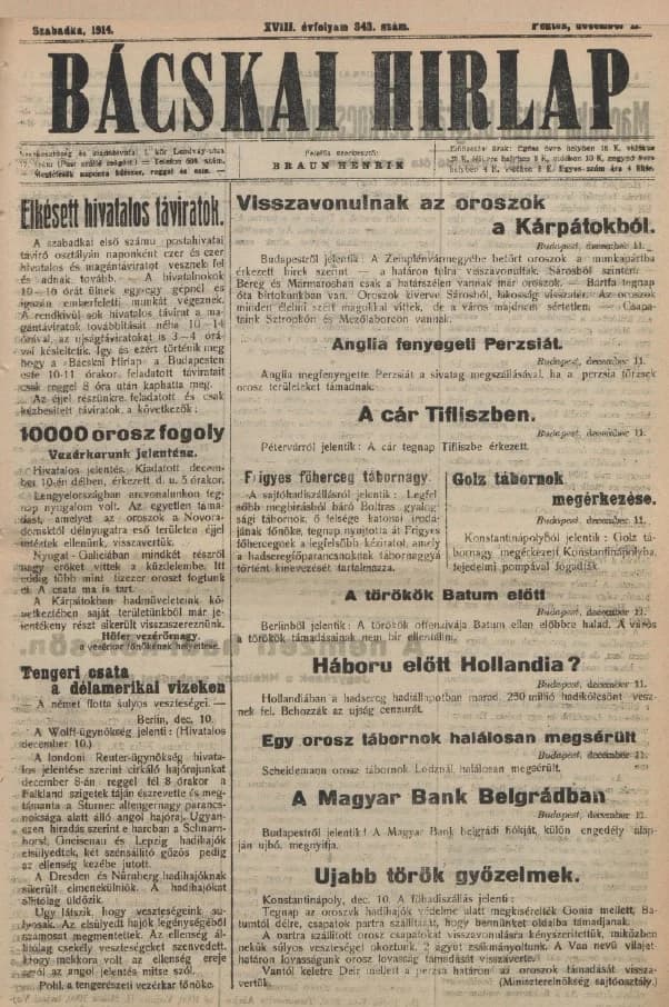Bácskai Hirlap, 18. évf. 1914. december 11. 343. sz.