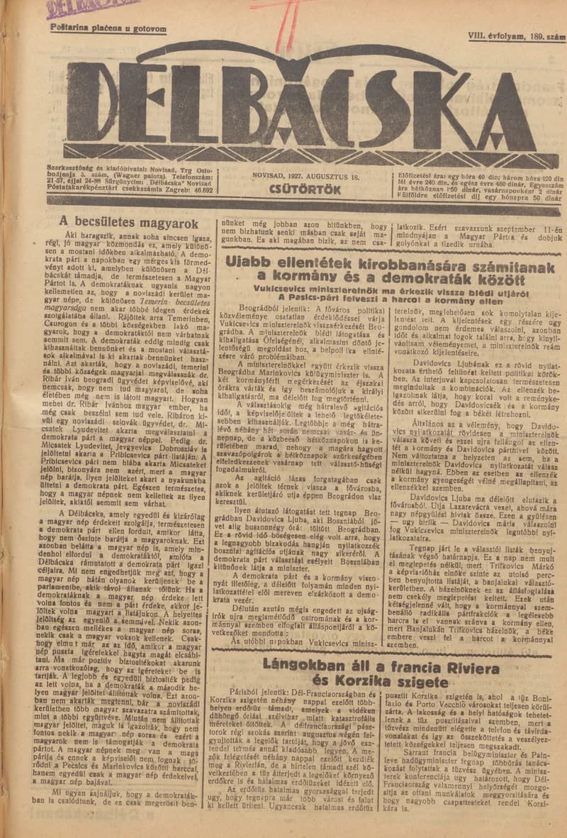 Délbácska, 8. évf. 1927. augusztus 18. 189. sz.