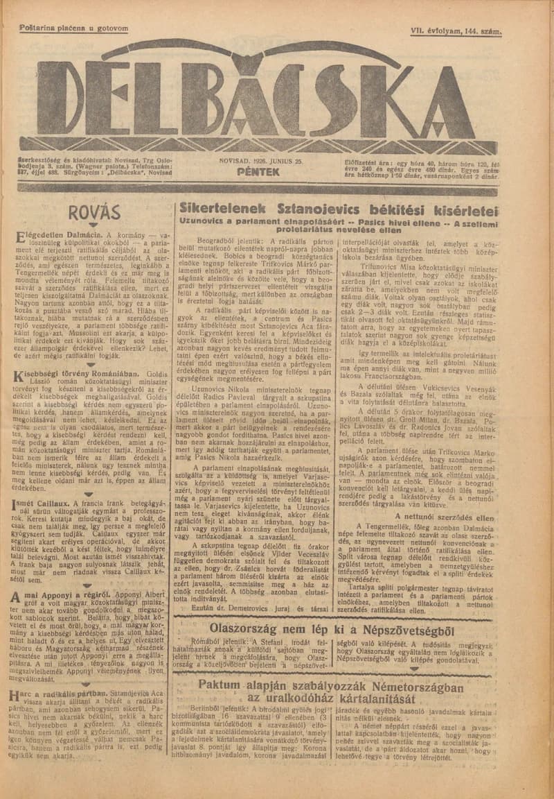 Délbácska, 7. évf. 1926. június 25. 144. sz.