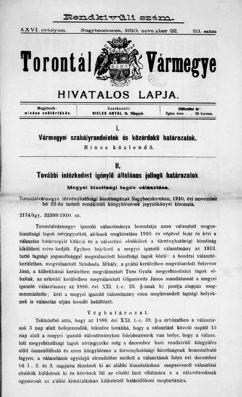 Torontál Vármegye Hivatalos Lapja, 26. évf. 1910. november 22. 53. sz.