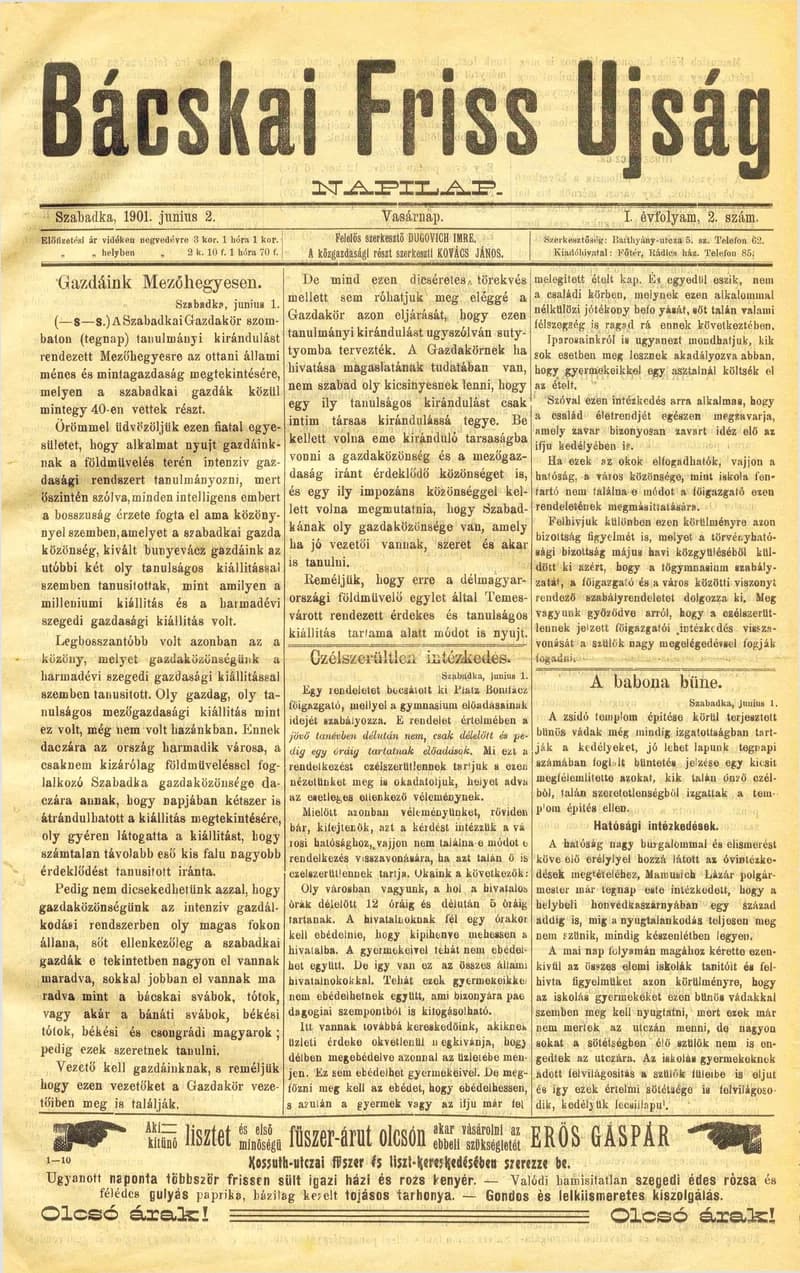 Bácskai Friss Ujság, 1. évf. 1901. június 2. 2. sz.