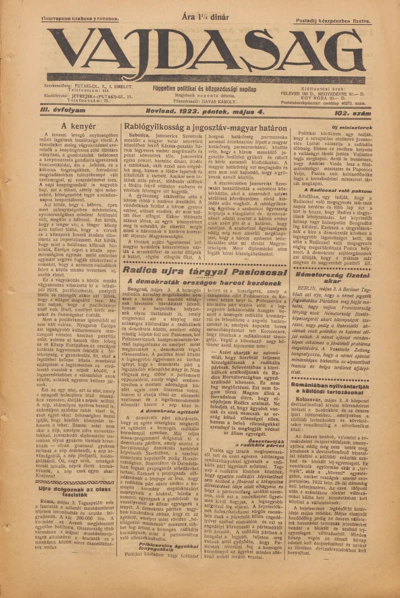 Vajdaság, 3. évf. 1923. május 4. 102. sz.