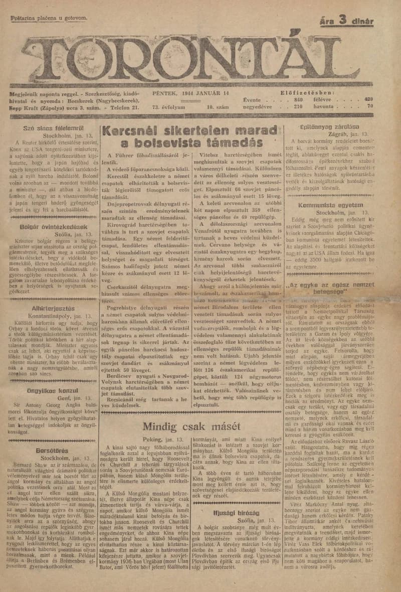 Torontál, 73. évf. 1944. január 14. 10. sz.
