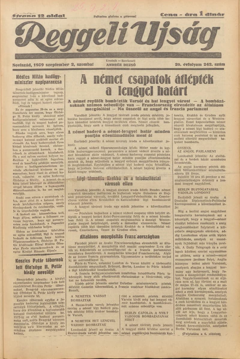 Reggeli Újság, 20. évf. 1939. szeptember 2. 242. sz.