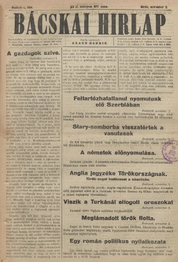 Bácskai Hirlap, 18. évf. 1914. november 1. 277. sz.
