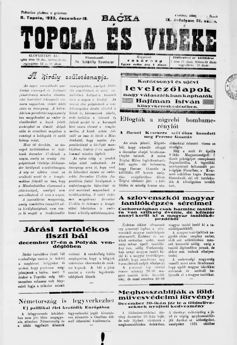 Bačka Topola és Vidéke, 9. évf. 1932. december 18. 51. sz.