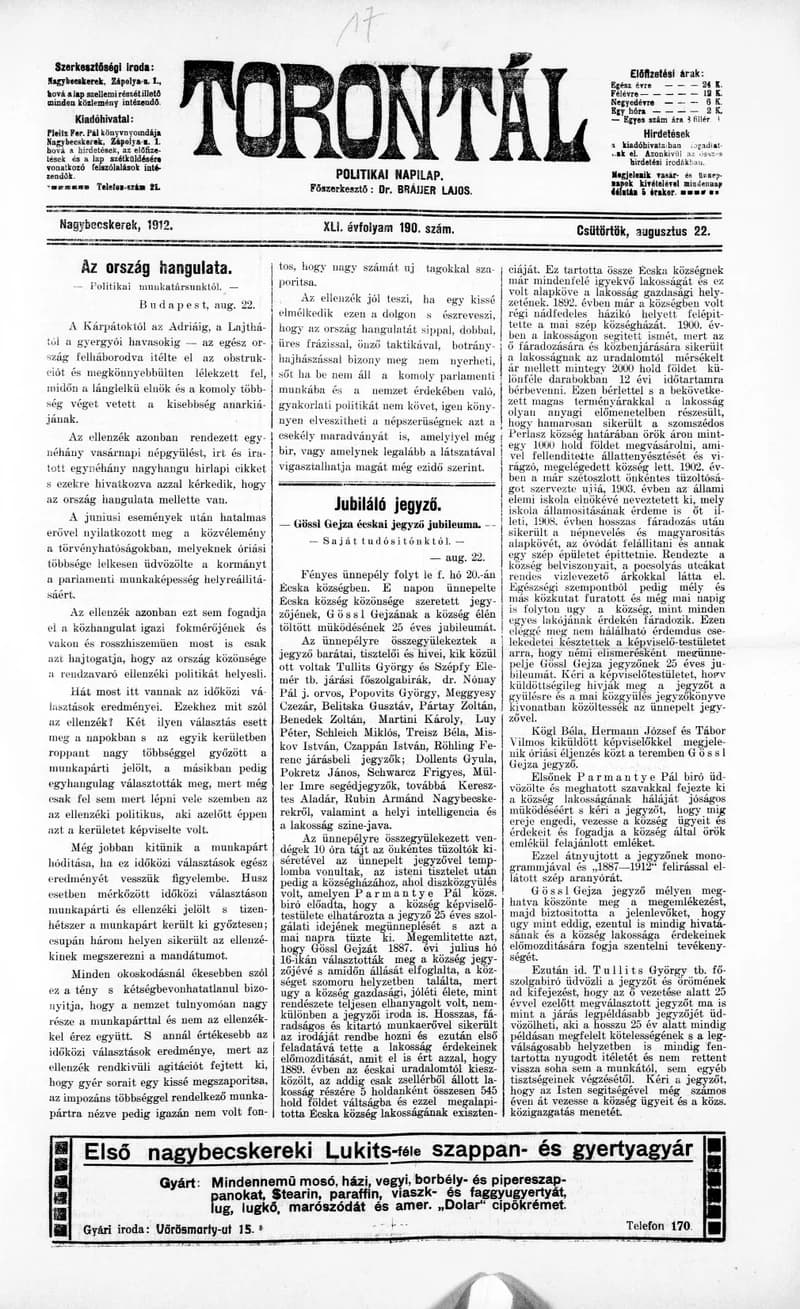 Torontál, 41. évf. 1912. augusztus 22. 190. sz.