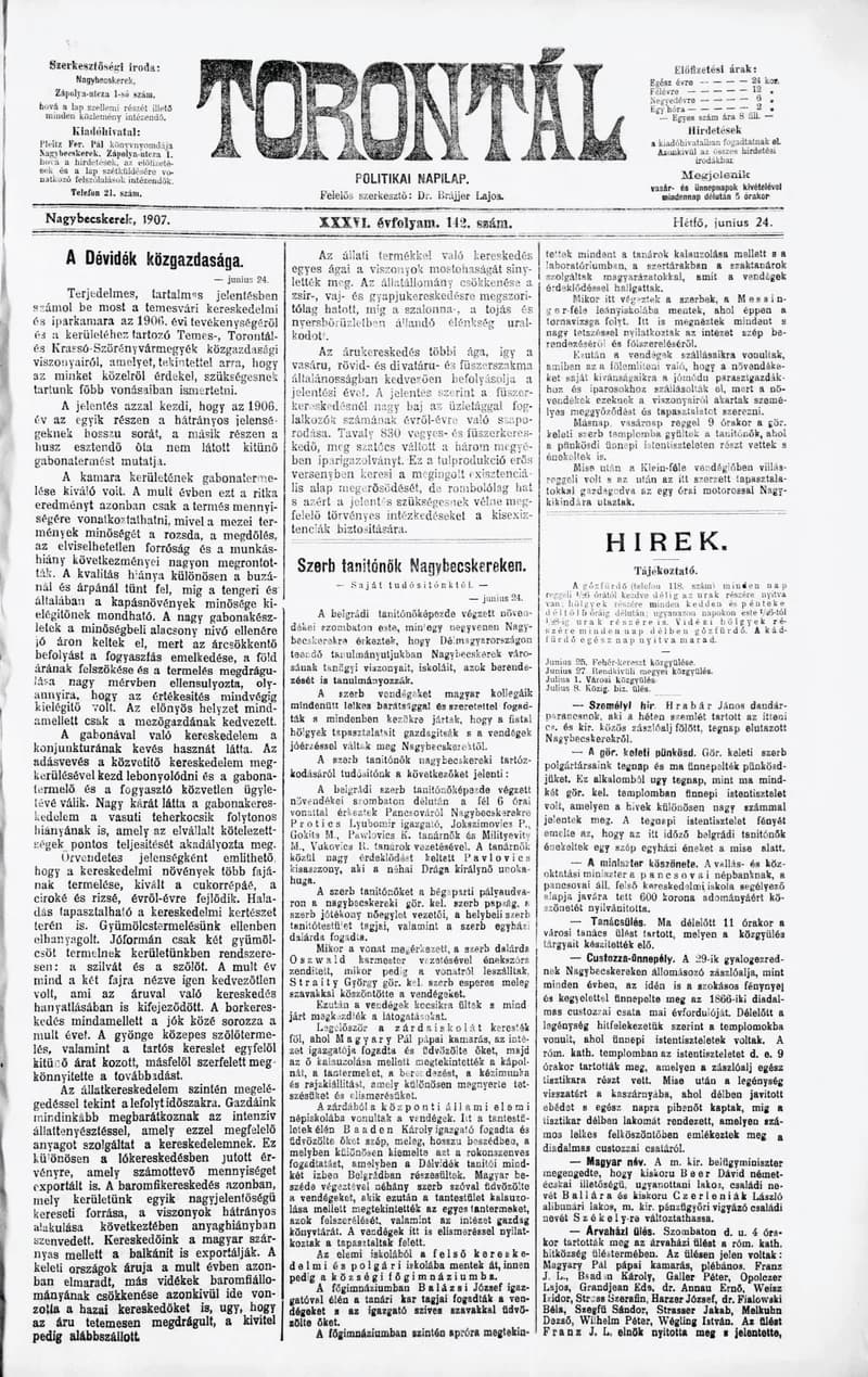Torontál, 36. évf. 1907. június 24. 142. sz.