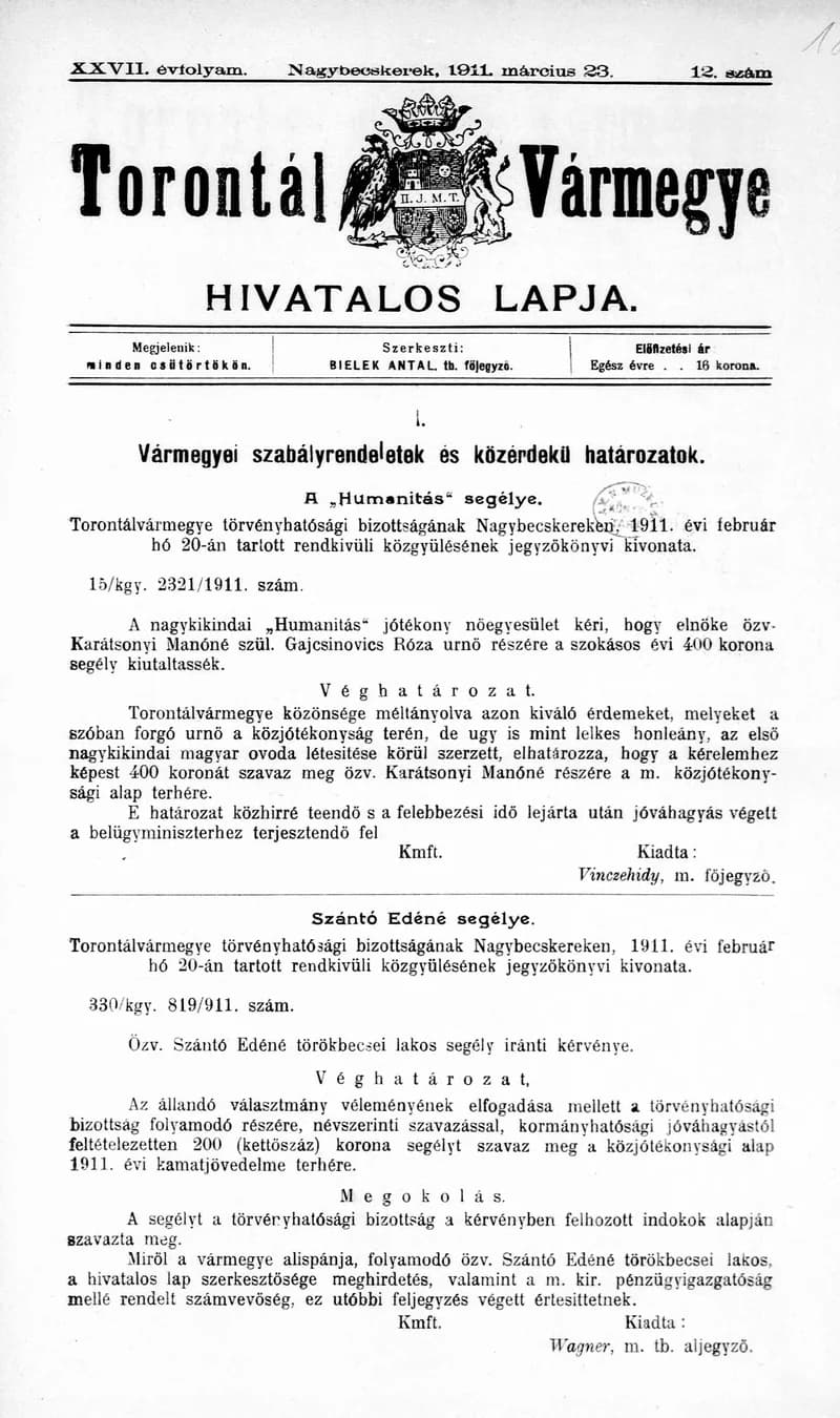 Torontál Vármegye Hivatalos Lapja, 27. évf. 1911. március 23. 12. sz.