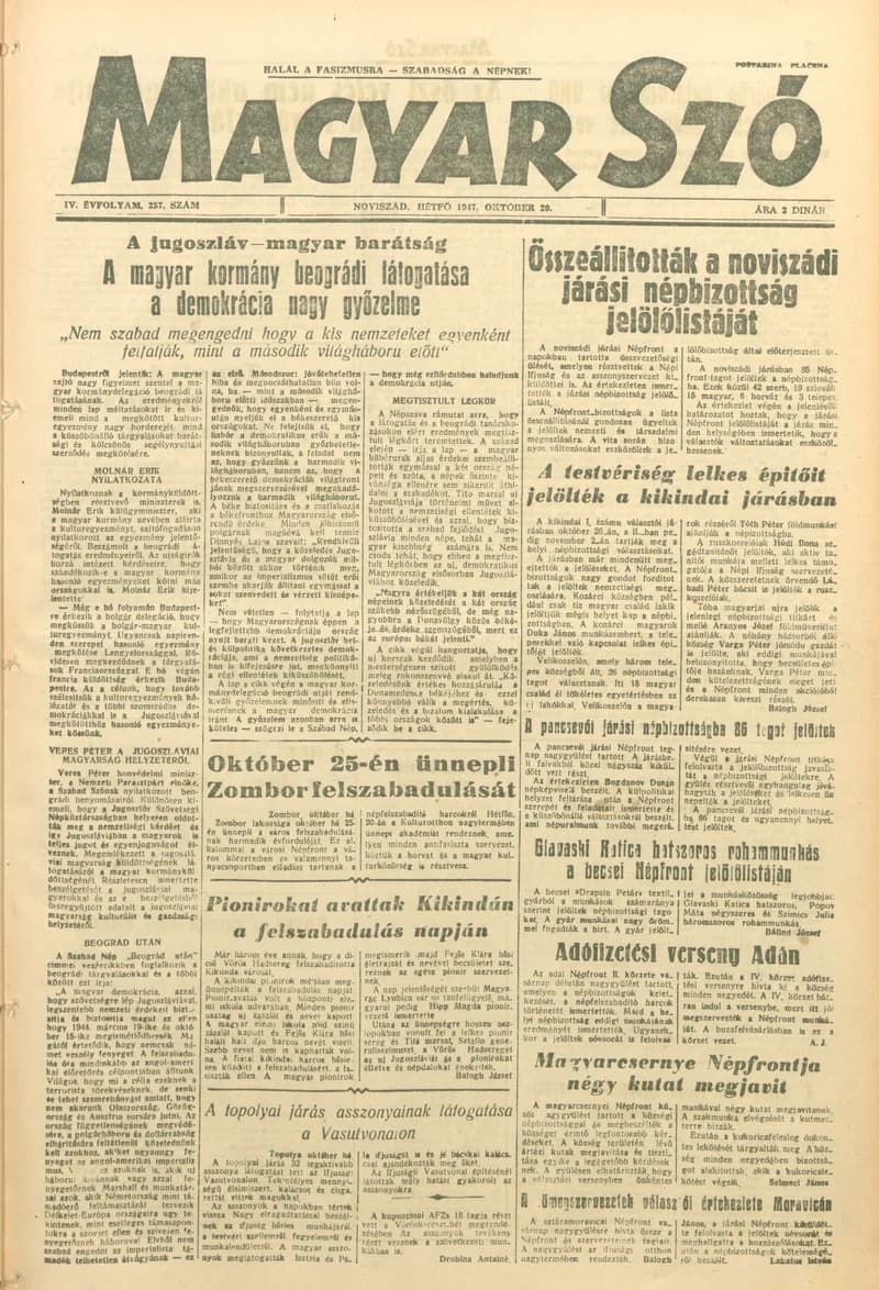 Magyar Szó, 4. évf. 1947. október 20. 257. sz. 1–4. oldal