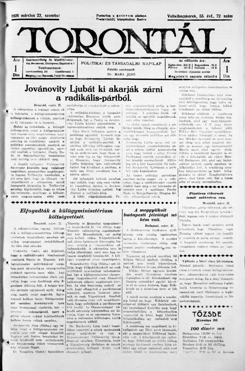 Torontál, 55. évf. 1926. március 27. 72. sz.