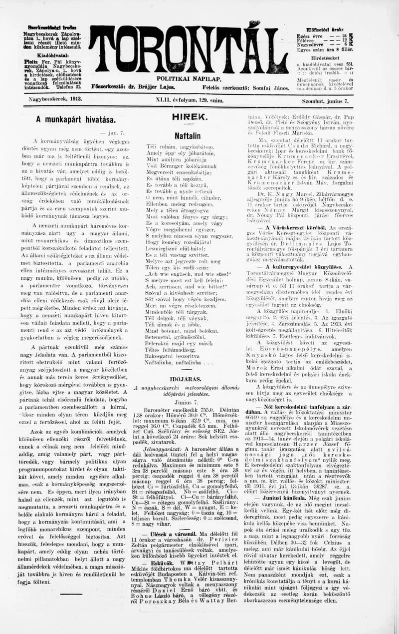 Torontál, 42. évf. 1913. június 7. 129. sz.