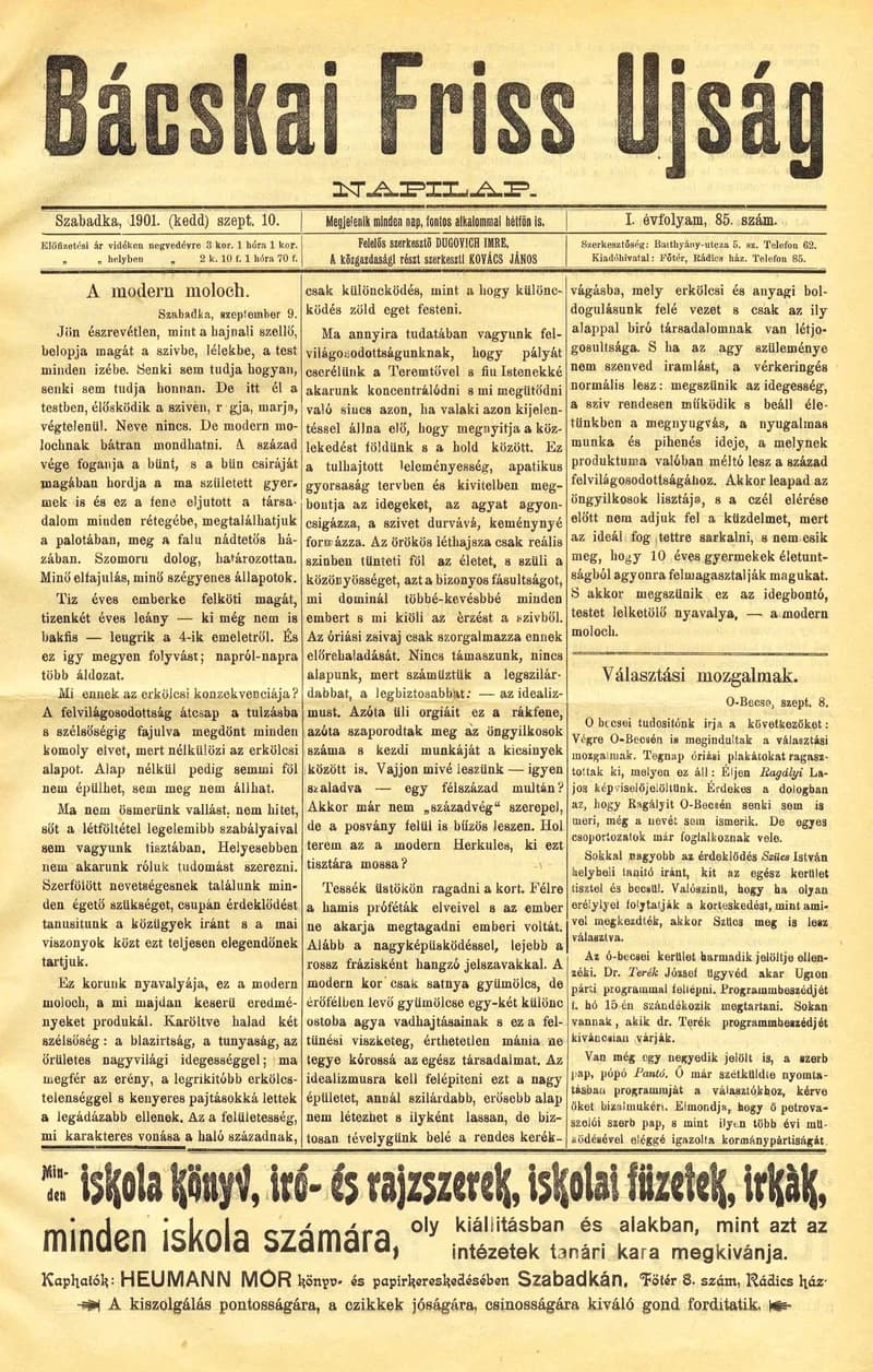 Bácskai Friss Ujság, 1. évf. 1901. szeptember 10. 85. sz.