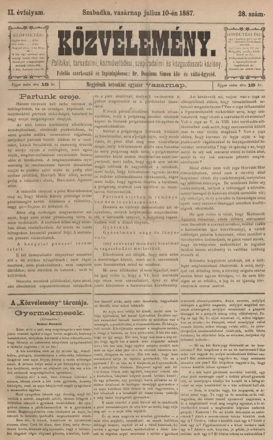 Közvélemény, 2. évf. 1887. július 10. 28. sz.