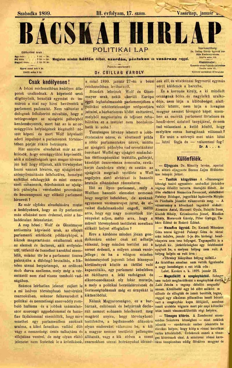 Bácskai Hirlap, 3. évf. 1899. január 29. 17. sz.