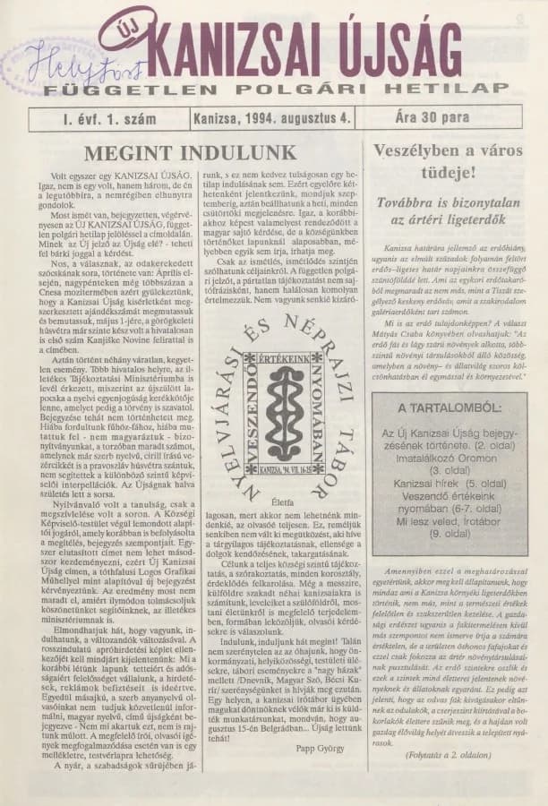 Új Kanizsai Újság, 1. évf. 1994. augusztus 4. 1. sz.