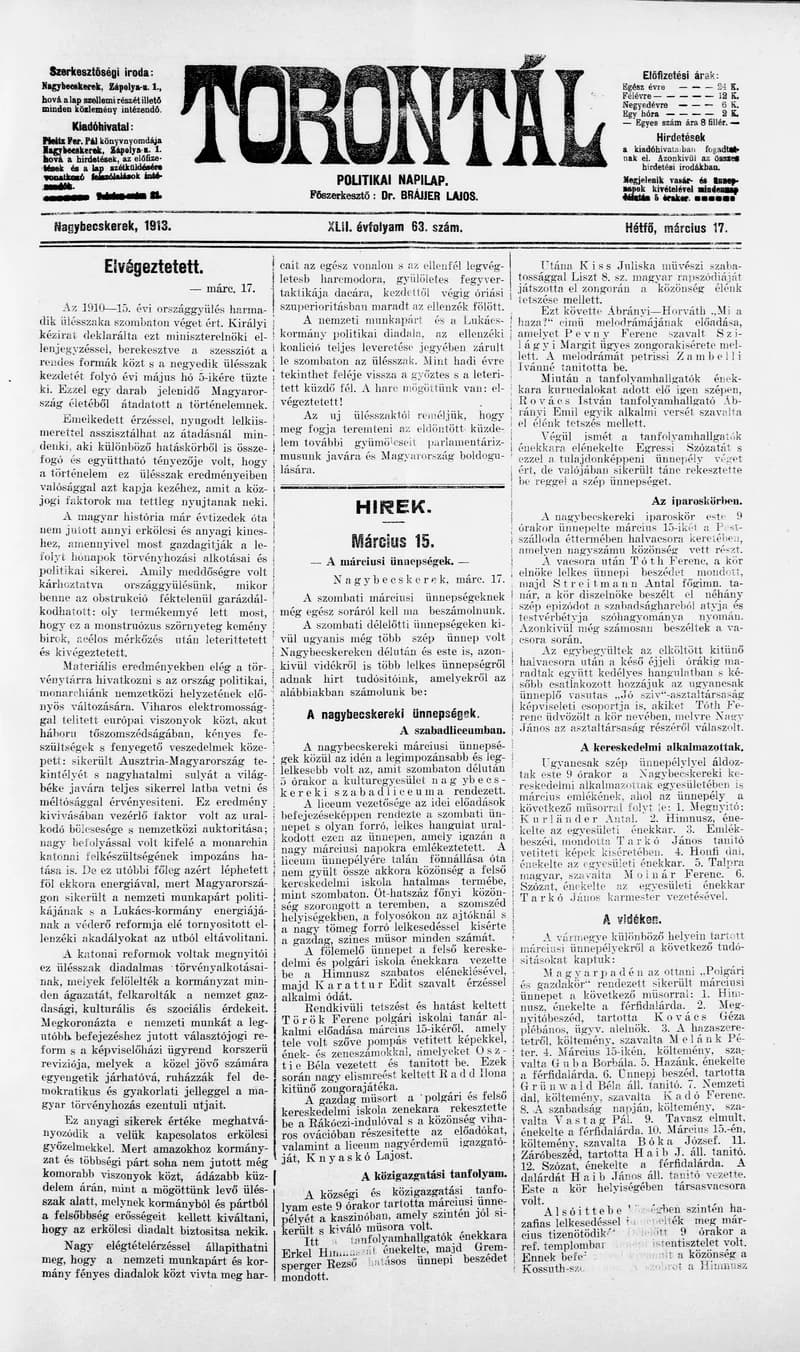Torontál, 42. évf. 1913. március 17. 63. sz.