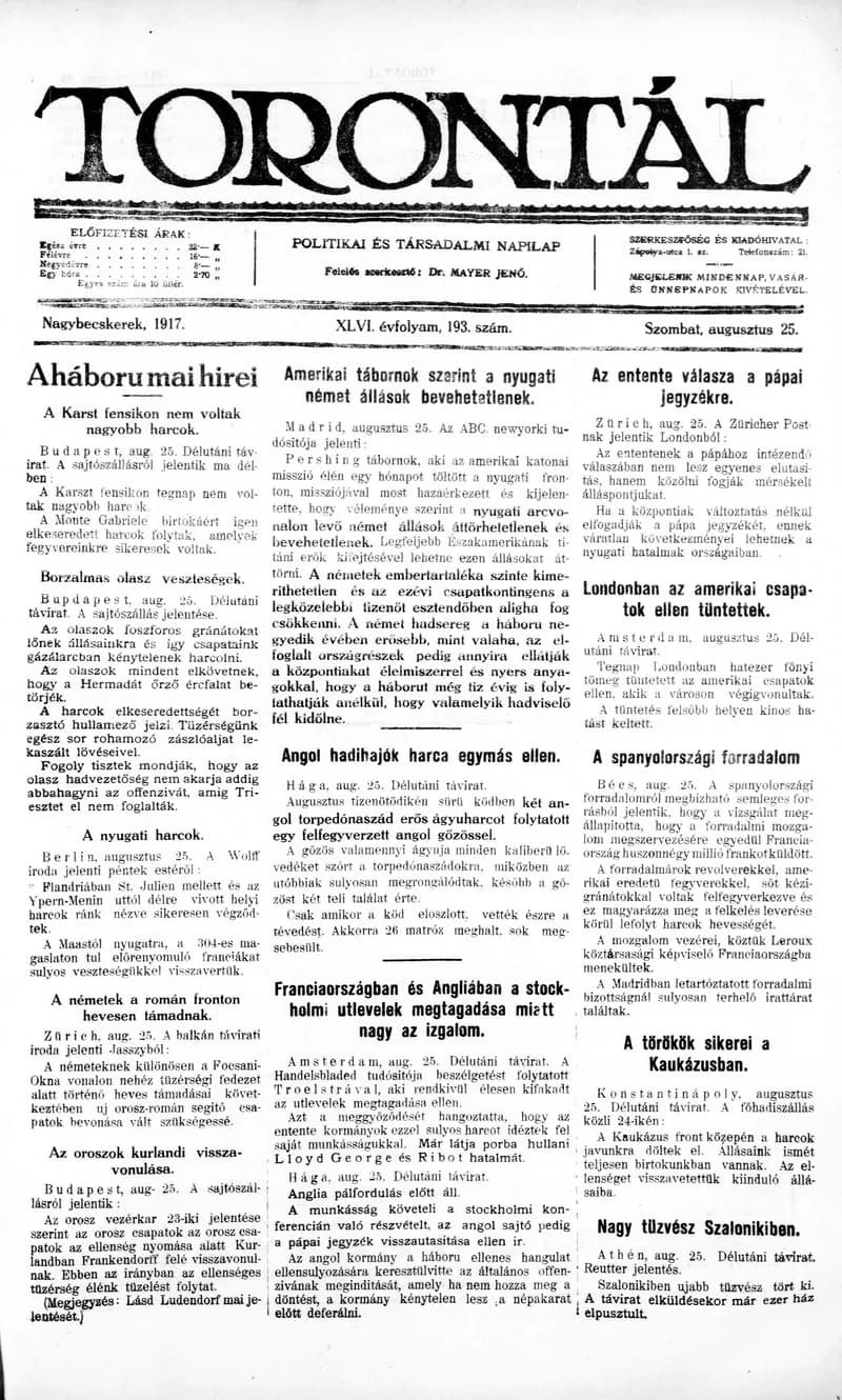 Torontál, 46. évf. 1917. augusztus 25. 193. sz.