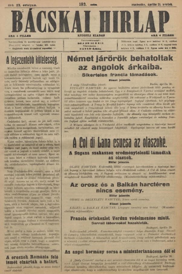 Bácskai Hirlap, 20. évf. 1916. április 21. 183. sz.