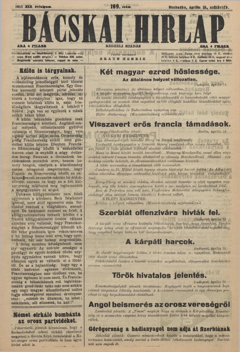 Bácskai Hirlap, 19. évf. 1915. április 15. 169. sz.