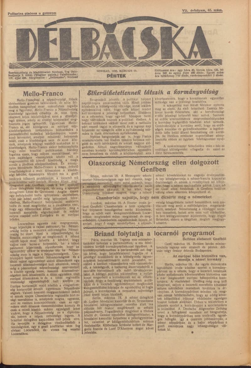 Délbácska, 7. évf. 1926. március 19. 65. sz.