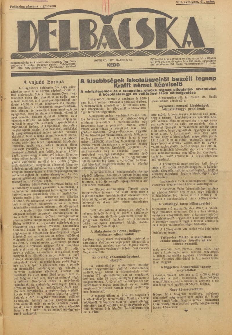 Délbácska, 8. évf. 1927. március 15. 61. sz.