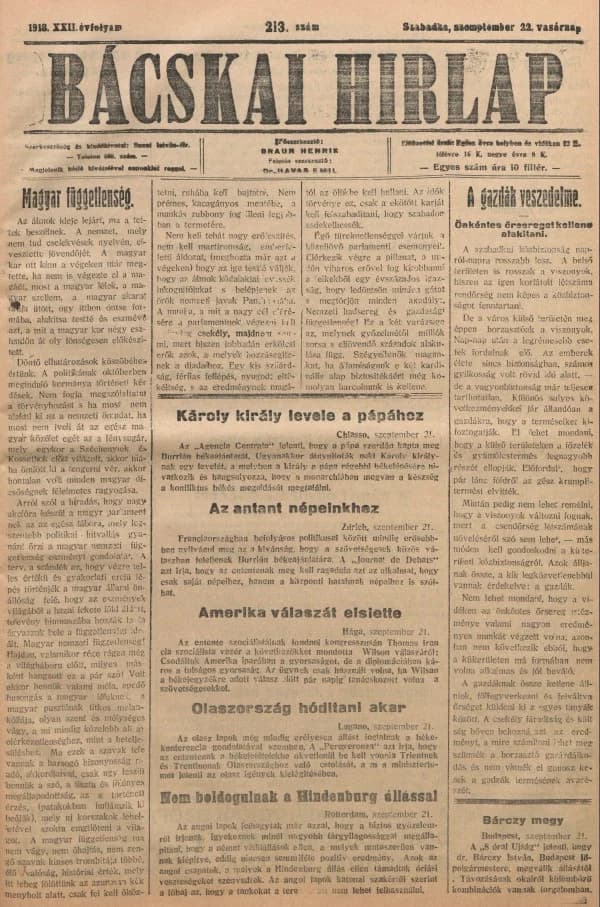Bácskai Hirlap, 22. évf. 1918. szeptember 22. 213. sz.