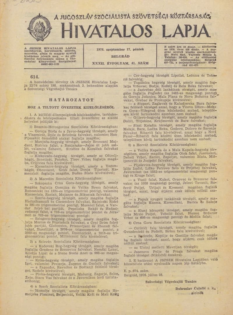 A Jugoszláv Szocialista Szövetségi Köztársaság Hivatalos Lapja, 32. évf. 1976. szeptember 17. 41. sz. 1257–1272. oldal