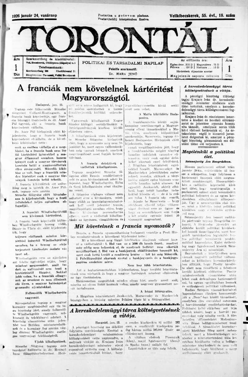 Torontál, 55. évf. 1926. január 24. 18. sz.